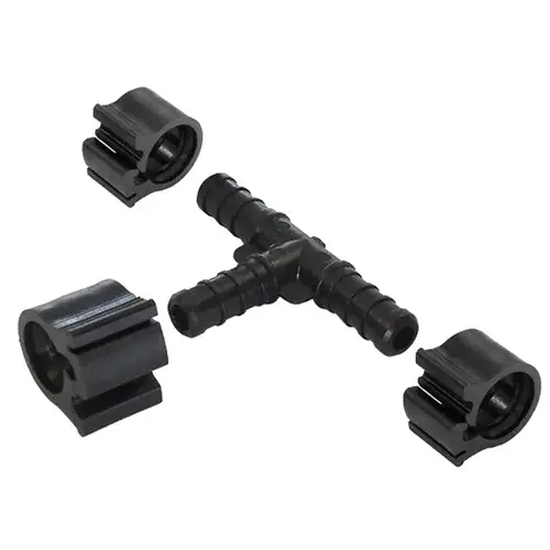 PEXLOCK Pipe Tee with Clamp, 3/8 in, Black, 100 psi Pressure PEXLOCK Pipe Tee with Clamp, 3/8 in, Black, 100 psi Pressure
