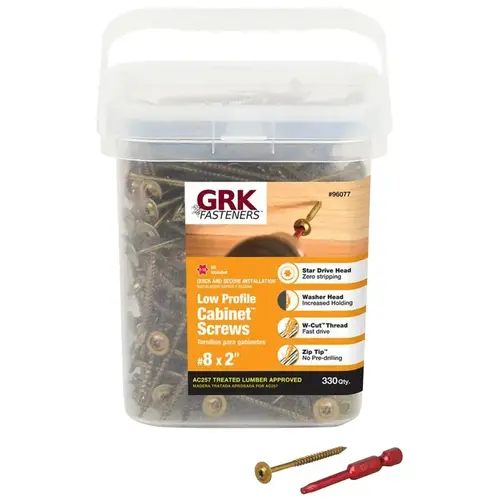 Cabinet Screw, #8 Thread, 2 in L, Washer Head, Star Drive, Steel, 330 PK Gold - pack of 330 Cabinet Screw, #8 Thread, 2 in L, Washer Head, Star Drive, Steel, 330 PK Gold - pack of 330