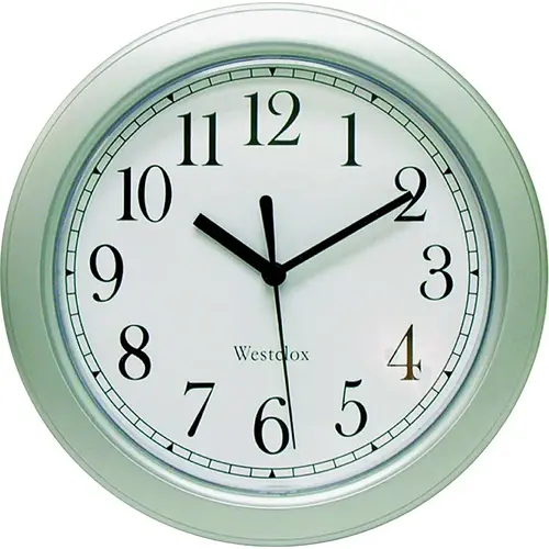 Clock, Round, Silver Frame, Plastic Clock Face, Analog Gray