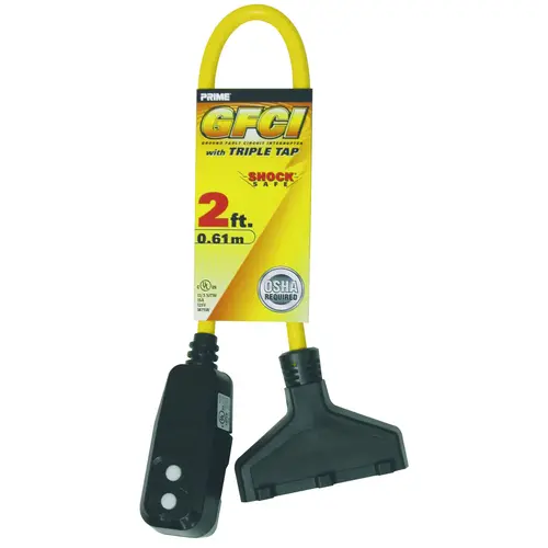 Triple Tap Adapter, 2 ft Cable, Female, Male, 15 A, 125 V, Yellow