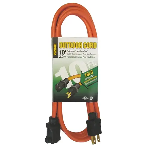 Outdoor Extension Cord, 16/3 AWG Cable, 10 ft L, Orange
