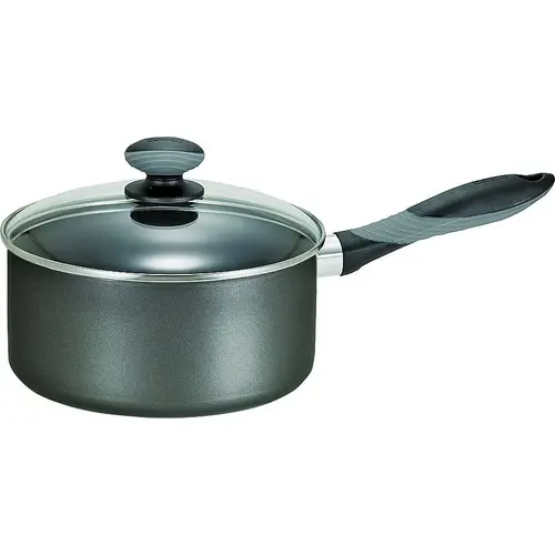 Sauce Pan with Glass Lid, 1 qt Capacity, Aluminum, Thumb Rest Handle Black Sauce Pan with Glass Lid, 1 qt Capacity, Aluminum, Thumb Rest Handle Black