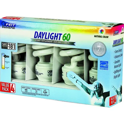 Compact Fluorescent Bulb, 13 W, Spiral Lamp, Medium E26 Lamp Base, 800 Lumens, Daylight Light White - pack of 24 Compact Fluorescent Bulb, 13 W, Spiral Lamp, Medium E26 Lamp Base, 800 Lumens, Daylight Light White - pack of 24
