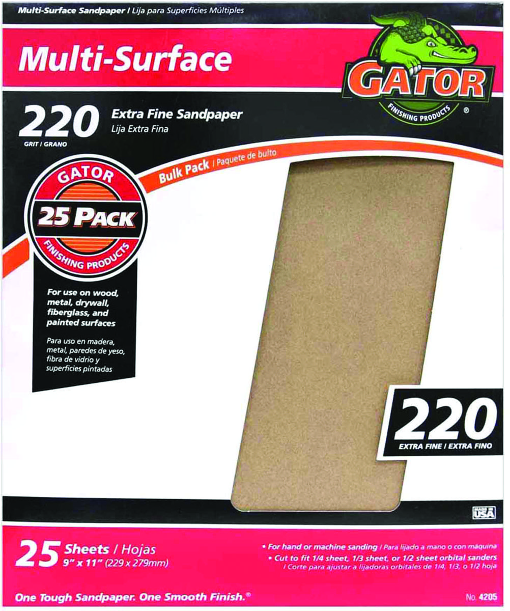 GATOR 3260 Sanding Sheet, 11 in L, 9 in W, 220 Grit, Extra Fine, Aluminum Oxide Abrasive