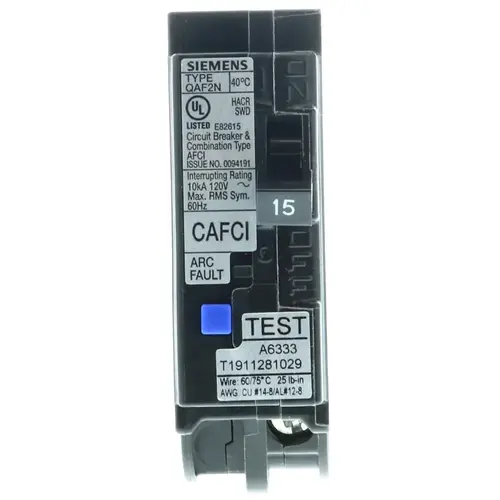 Circuit Breaker, AFCI, Combination, Low Voltage, 15 A, 1 -Pole, 120 V, Plug Mounting Circuit Breaker, AFCI, Combination, Low Voltage, 15 A, 1 -Pole, 120 V, Plug Mounting
