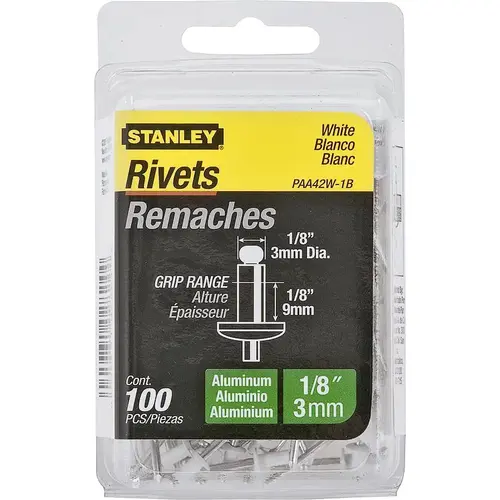 Pop Rivet, Reusable, 1-1/2 in L, Aluminum White - pack of 100