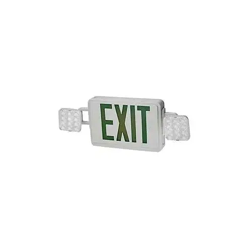 Emergency Light/Exit Sign Combo, 7.9 in OAW, 4.3 in OAH, 120/277 V, LED Lamp, Acrylic Fixture, Green/White Emergency Light/Exit Sign Combo, 7.9 in OAW, 4.3 in OAH, 120/277 V, LED Lamp, Acrylic Fixture, Green/White
