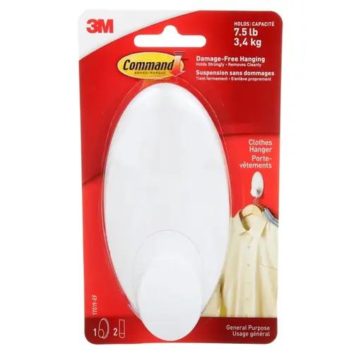 17019-ES Large Clothes Hanger Hook, 7.5 lb, 1-Hook, Plastic, White 17019-ES Large Clothes Hanger Hook, 7.5 lb, 1-Hook, Plastic, White
