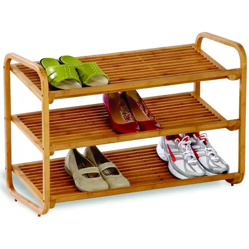 Shoe Rack, 3-Shelf, 36 in W, 24 in H, Bamboo, Brown Shoe Rack, 3-Shelf, 36 in W, 24 in H, Bamboo, Brown