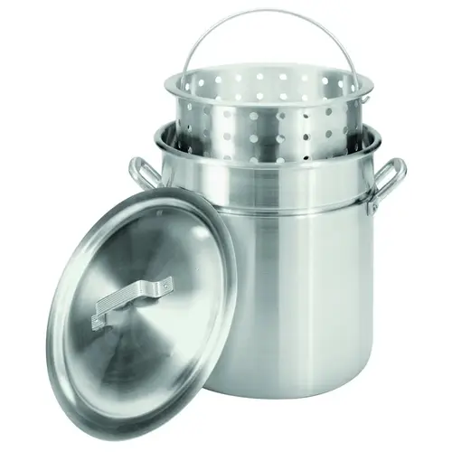 Stock Pot with Basket, 42 qt Capacity, Aluminum, Riveted Handle Silver
