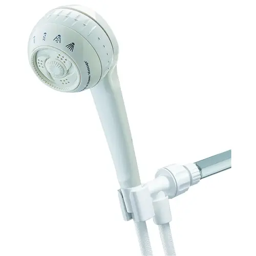 Handheld Shower Head, 1/2 in Connection, 1.8 gpm, 4 Spray Settings, 5 ft L Hose White Handheld Shower Head, 1/2 in Connection, 1.8 gpm, 4 Spray Settings, 5 ft L Hose White