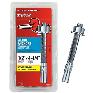 Red Head 12020 Concrete Wedge Anchor, 1/2 in Dia, 4-1/4 in L, Steel, Zinc Silver - pack of 10