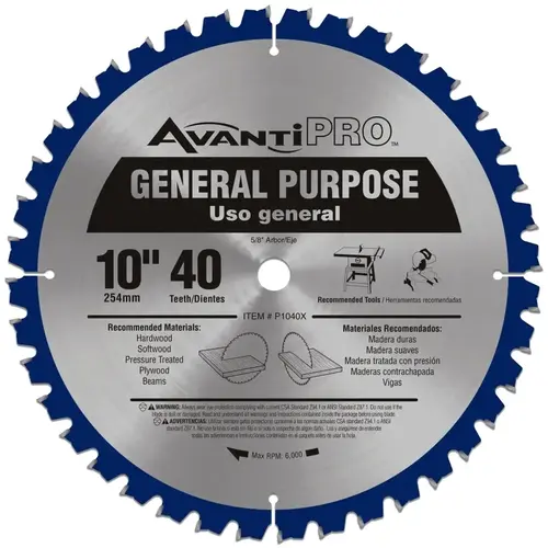 Circular Saw Blade, 10 in Dia, 5/8 in Arbor, 40-Teeth, Carbide Cutting Edge Blue Circular Saw Blade, 10 in Dia, 5/8 in Arbor, 40-Teeth, Carbide Cutting Edge Blue