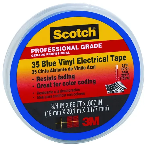 Electrical Tape, 66 ft L, 3/4 in W, PVC Backing, Blue Electrical Tape, 66 ft L, 3/4 in W, PVC Backing, Blue