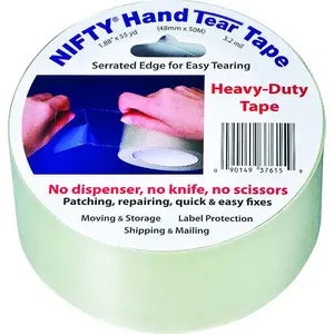 Nifty Products T3761RTL Hand Tear Tape, 55 yd L, 2 in W, Polypropylene Backing, Clear