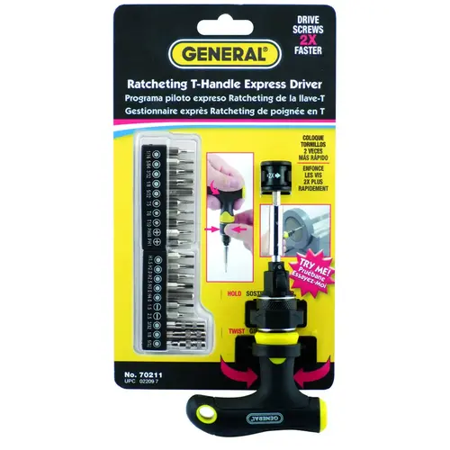 Ratcheting Screwdriver with T-Handle, Multi-Bit Drive, 5-1/2 in OAL, Comfort-Grip Handle Black Ratcheting Screwdriver with T-Handle, Multi-Bit Drive, 5-1/2 in OAL, Comfort-Grip Handle Black