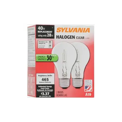 Halogen Bulb, 28 W, Medium E26 Lamp Base, A19 Lamp, 435 Lumens, 2850 K Color Temp, 1000 hr Average Life Clear - pack of 2 Halogen Bulb, 28 W, Medium E26 Lamp Base, A19 Lamp, 435 Lumens, 2850 K Color Temp, 1000 hr Average Life Clear - pack of 2