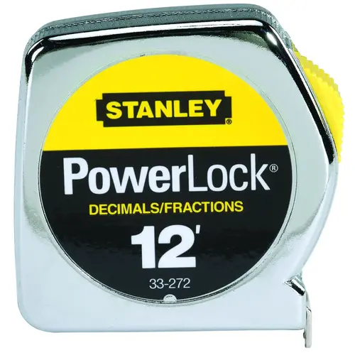Measuring Tape, 12 ft L Blade, 1/2 in W Blade, Steel Blade, Metal Case, Chrome Case Silver; Yellow Measuring Tape, 12 ft L Blade, 1/2 in W Blade, Steel Blade, Metal Case, Chrome Case Silver; Yellow
