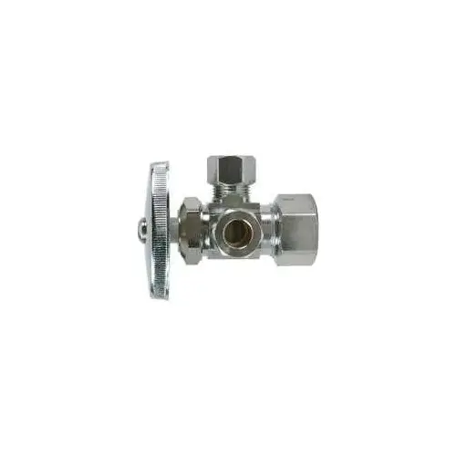 Stop Valve, 1/2 x 3/8 x 3/8 in Connection, Compression, 125 psi Pressure, Brass Body Chrome Stop Valve, 1/2 x 3/8 x 3/8 in Connection, Compression, 125 psi Pressure, Brass Body Chrome