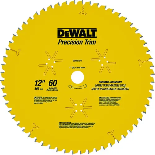 Precision Trim Saw Blade, 12 in Dia, 1 in Arbor, 60-Teeth, Carbide Cutting Edge Precision Trim Saw Blade, 12 in Dia, 1 in Arbor, 60-Teeth, Carbide Cutting Edge