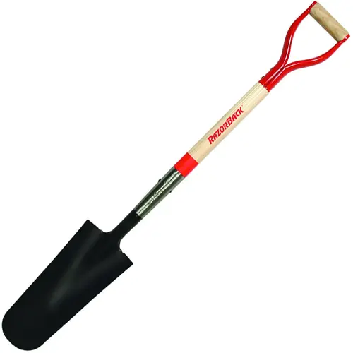 Drain Spade, 6-1/8 in W Blade, Steel Blade, Hardwood Handle, D-Shaped Handle, 29 in L Handle Red Drain Spade, 6-1/8 in W Blade, Steel Blade, Hardwood Handle, D-Shaped Handle, 29 in L Handle Red