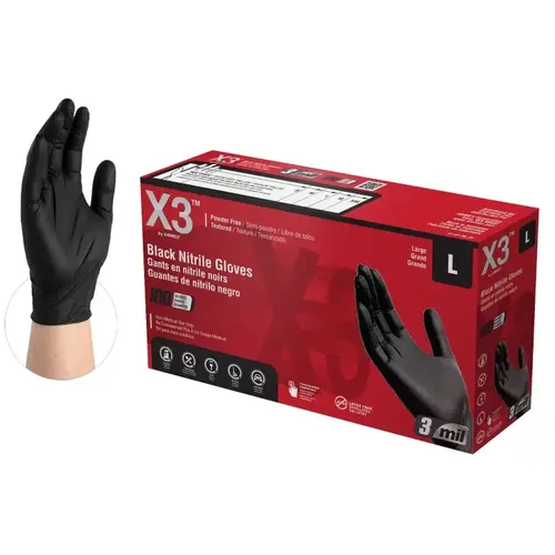 Disposable Gloves, L, Nitrile, Powder-Free, Black, 9-1/2 in L - pack of 100