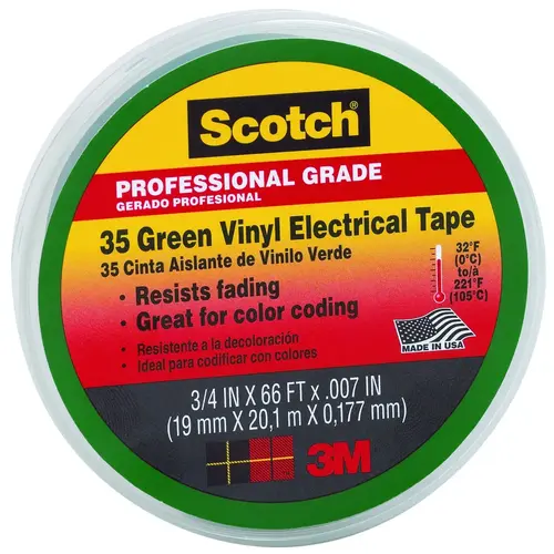 Electrical Tape, 66 ft L, 3/4 in W, PVC Backing, Green Electrical Tape, 66 ft L, 3/4 in W, PVC Backing, Green