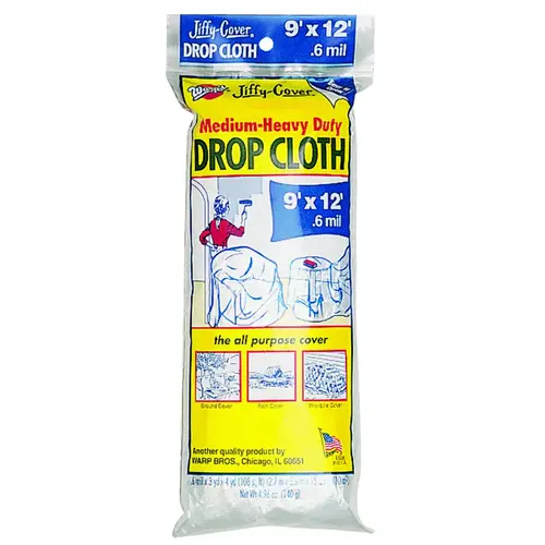 Drop Cloth, 12 ft L, 9 ft W, Plastic, Clear