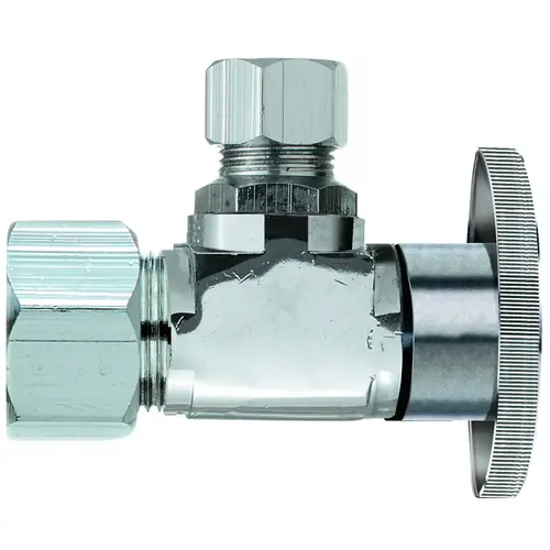 Angle Shut-Off Valve, 5/8 x 3/8 in Connection, Compression, Quarter-Turn Actuator, Brass Body Chrome Angle Shut-Off Valve, 5/8 x 3/8 in Connection, Compression, Quarter-Turn Actuator, Brass Body Chrome