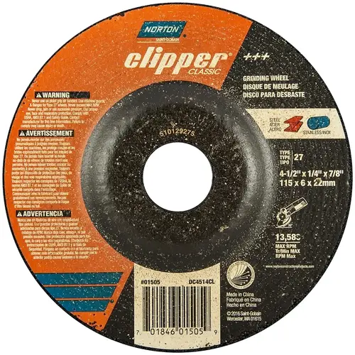 Clipper Classic A AO Series Grinding Wheel, 4-1/2 in Dia, 1/4 in Thick, 7/8 in Arbor