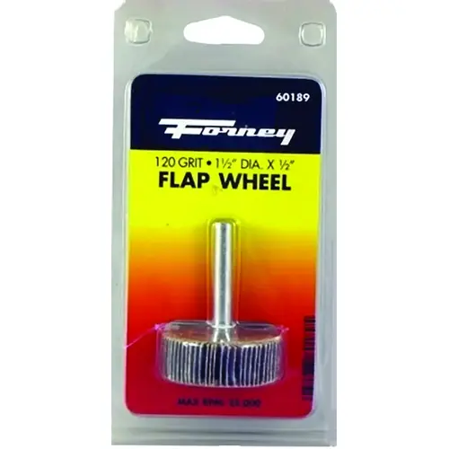 Flap Wheel, 1-1/2 in Dia, 1/2 in Thick, 1/4 in Arbor, 120 Grit, Aluminum Oxide Abrasive Flap Wheel, 1-1/2 in Dia, 1/2 in Thick, 1/4 in Arbor, 120 Grit, Aluminum Oxide Abrasive