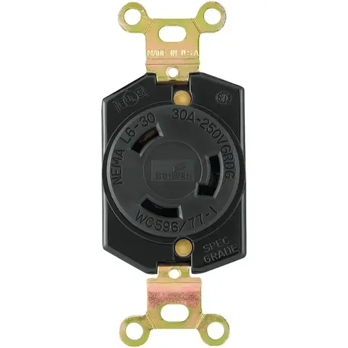 Single Receptacle, 2 -Pole, 250 V, 30 A, Back and Side Wiring, NEMA: NEMA L6-30, Black Single Receptacle, 2 -Pole, 250 V, 30 A, Back and Side Wiring, NEMA: NEMA L6-30, Black