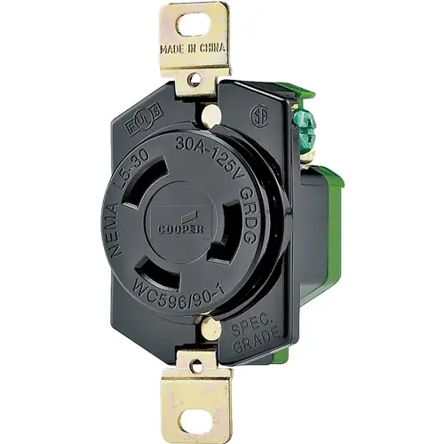 Single Receptacle, 2 -Pole, 125 V, 30 A, Back and Side Wiring, NEMA: NEMA L5-30, Black Single Receptacle, 2 -Pole, 125 V, 30 A, Back and Side Wiring, NEMA: NEMA L5-30, Black