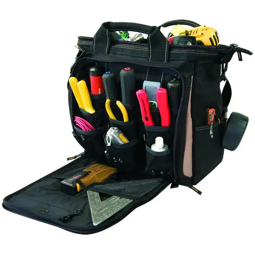Tool Works Series Multi-Compartment Tool Carrier, 7 in W, 13 in D, 13 in H, 33-Pocket, Polyester, Black/Brown Tool Works Series Multi-Compartment Tool Carrier, 7 in W, 13 in D, 13 in H, 33-Pocket, Polyester, Black/Brown