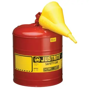 Justrite 7150110 Type l Steel Safety Can, Gas, 5 gal, Red, Includes Poly Funnel/SS Flame Arrestor/Swinging Handle