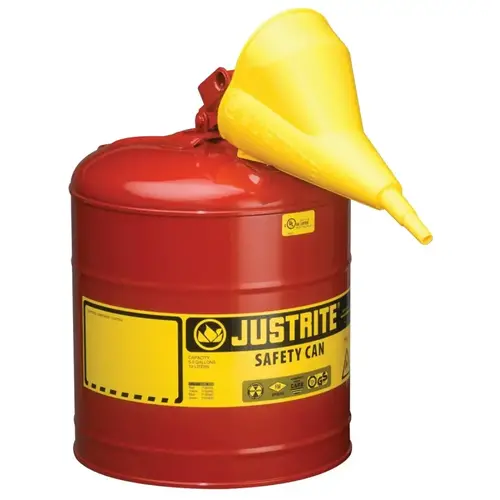 Type l Steel Safety Can, Gas, 5 gal, Red, Includes Poly Funnel/SS Flame Arrestor/Swinging Handle