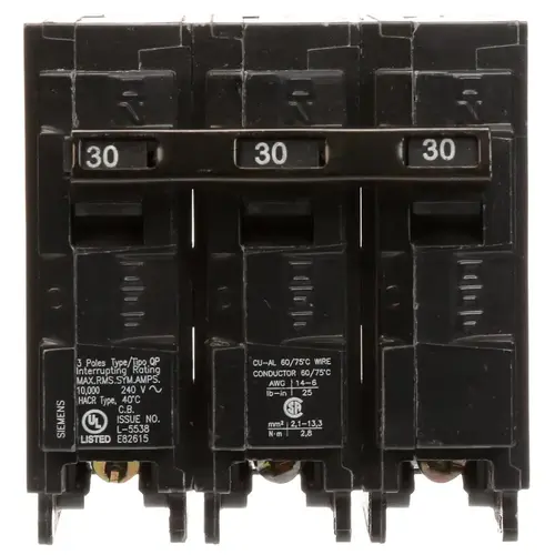 Circuit Breaker, Low Voltage, Mini, Standard, 30 A, 3 -Pole, 240 VAC, Common Trip, Plug Mounting Black Circuit Breaker, Low Voltage, Mini, Standard, 30 A, 3 -Pole, 240 VAC, Common Trip, Plug Mounting Black