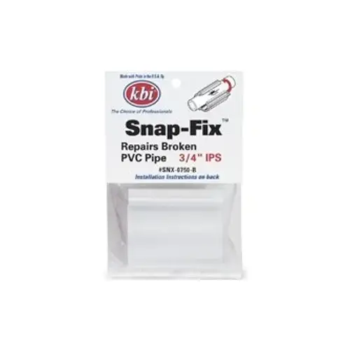 KBI SNX Snap-Fix Pipe Repair Coupling, 1/2 in, Snap Lock, PVC, 150 psi Pressure KBI SNX Snap-Fix Pipe Repair Coupling, 1/2 in, Snap Lock, PVC, 150 psi Pressure