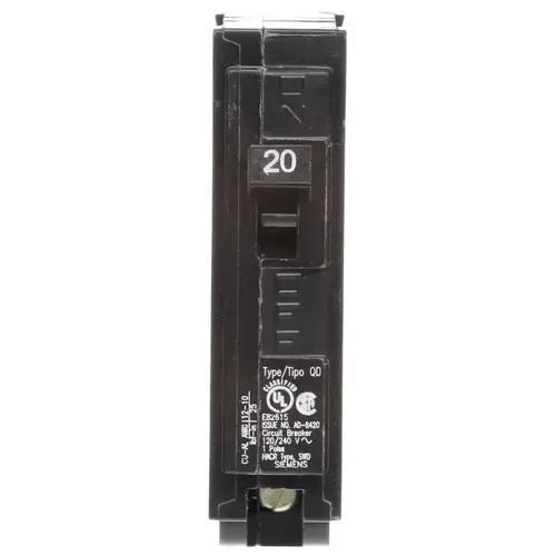 Circuit Breaker, Low Voltage, QD, 20 A, 1 -Pole, 120 VAC, Plug Mounting Black Circuit Breaker, Low Voltage, QD, 20 A, 1 -Pole, 120 VAC, Plug Mounting Black