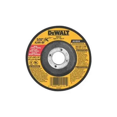 HP Cut-Off Wheel, 4-1/2 in Dia, 0.045 in Thick, 7/8 in Arbor, A24R Grit, Aluminum Oxide Abrasive HP Cut-Off Wheel, 4-1/2 in Dia, 0.045 in Thick, 7/8 in Arbor, A24R Grit, Aluminum Oxide Abrasive