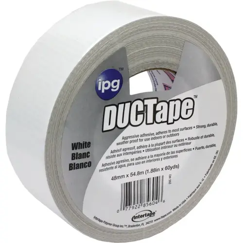 Duct Tape, 60 yd L, 1.88 in W, Cloth Backing, White Duct Tape, 60 yd L, 1.88 in W, Cloth Backing, White