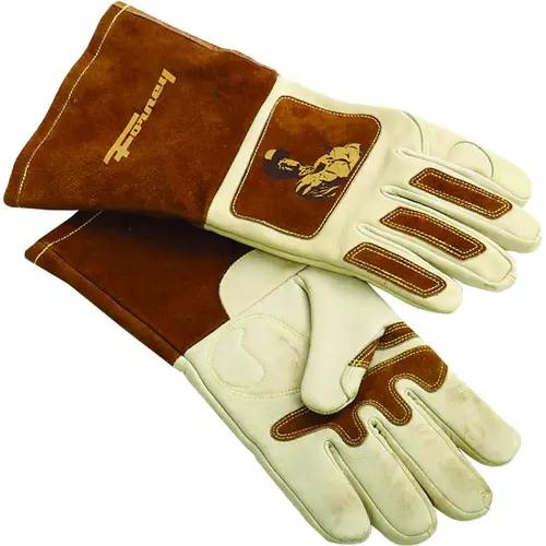 Welding Gloves, Men's, L, 12-5/8 in L, Gauntlet Cuff, Brown/White, Reinforced Crotch Thumb Welding Gloves, Men's, L, 12-5/8 in L, Gauntlet Cuff, Brown/White, Reinforced Crotch Thumb