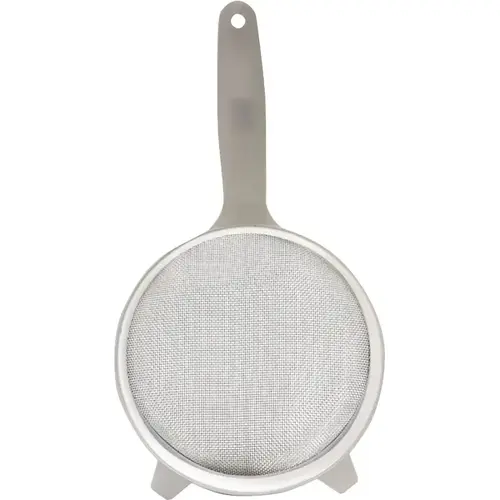 Strainer, Stainless Steel, 8-1/2 in Dia, Plastic Handle White Strainer, Stainless Steel, 8-1/2 in Dia, Plastic Handle White