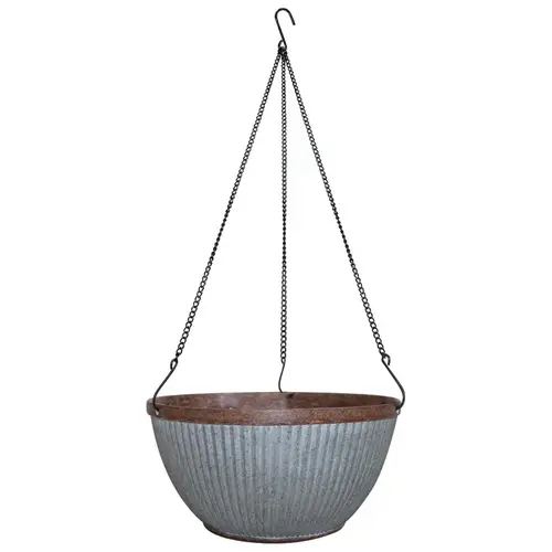 Westlake Hanging Basket, Grooved Pattern, Resin, Rustic Galvanized Westlake Hanging Basket, Grooved Pattern, Resin, Rustic Galvanized