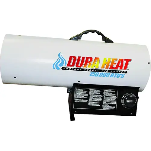Forced Air Heater, 100 lb Fuel Tank, Liquid Propane, 120000/135000/150000 Btu, 99 % Efficiency White Forced Air Heater, 100 lb Fuel Tank, Liquid Propane, 120000/135000/150000 Btu, 99 % Efficiency White