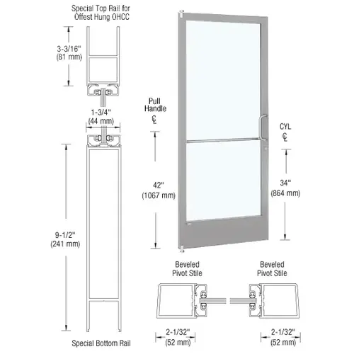 Clear Anodized 250 Series Narrow Stile (LHR) HLSO Single 3'0 x 7'0 Offset Hung with Offset Pivots for OHCC 105 degree Closer Complete ADA Door(s) with Lock Indicator, Cylinder Guard Clear Anodized 250 Series Narrow Stile (LHR) HLSO Single 3'0 x 7'0 Offset Hung with Offset Pivots for OHCC 105 degree Closer Complete ADA Door(s) with Lock Indicator, Cylinder Guard