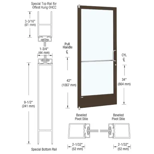 Bronze Black Anodized 250 Series Narrow Stile (LHR) HLSO Single 3'0 x 7'0 Offset Hung with Offset Pivots for OHCC 105 degree Closer Complete ADA Door(s) with Lock Indicator, Cyl Guard Bronze Black Anodized 250 Series Narrow Stile (LHR) HLSO Single 3'0 x 7'0 Offset Hung with Offset Pivots for OHCC 105 degree Closer Complete ADA Door(s) with Lock Indicator, Cyl Guard