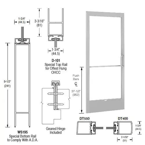 Clear Anodized 250 Series Narrow Stile Inactive Leaf of Pair Offset Hung with Geared Hinged for OHCC 105 degree Closer Complete ADA Door(s) with Lock Indicator, Cyl Guard Clear Anodized 250 Series Narrow Stile Inactive Leaf of Pair Offset Hung with Geared Hinged for OHCC 105 degree Closer Complete ADA Door(s) with Lock Indicator, Cyl Guard