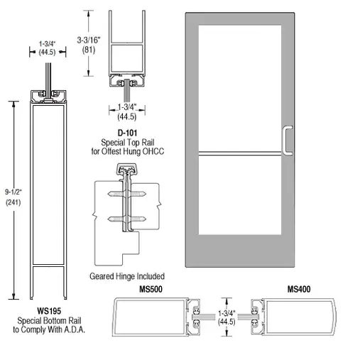 Clear Anodized Single Inactive Leaf of Pair 36" x 84" Series 400 Medium Stile Right Side Latch Geared Hinge Entrance Door for 105 degree Overhead Concealed Closers - A.D.A. Access Bottom Rail Clear Anodized Single Inactive Leaf of Pair 36" x 84" Series 400 Medium Stile Right Side Latch Geared Hinge Entrance Door for 105 degree Overhead Concealed Closers - A.D.A. Access Bottom Rail