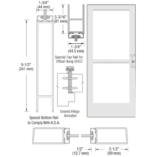 White KYNAR Paint Single 36" x 84" Series 400 Medium Stile Right Side Latch Geared Hinge Entrance Door With Panic for 105 Degree Overhead Concealed Door Closer